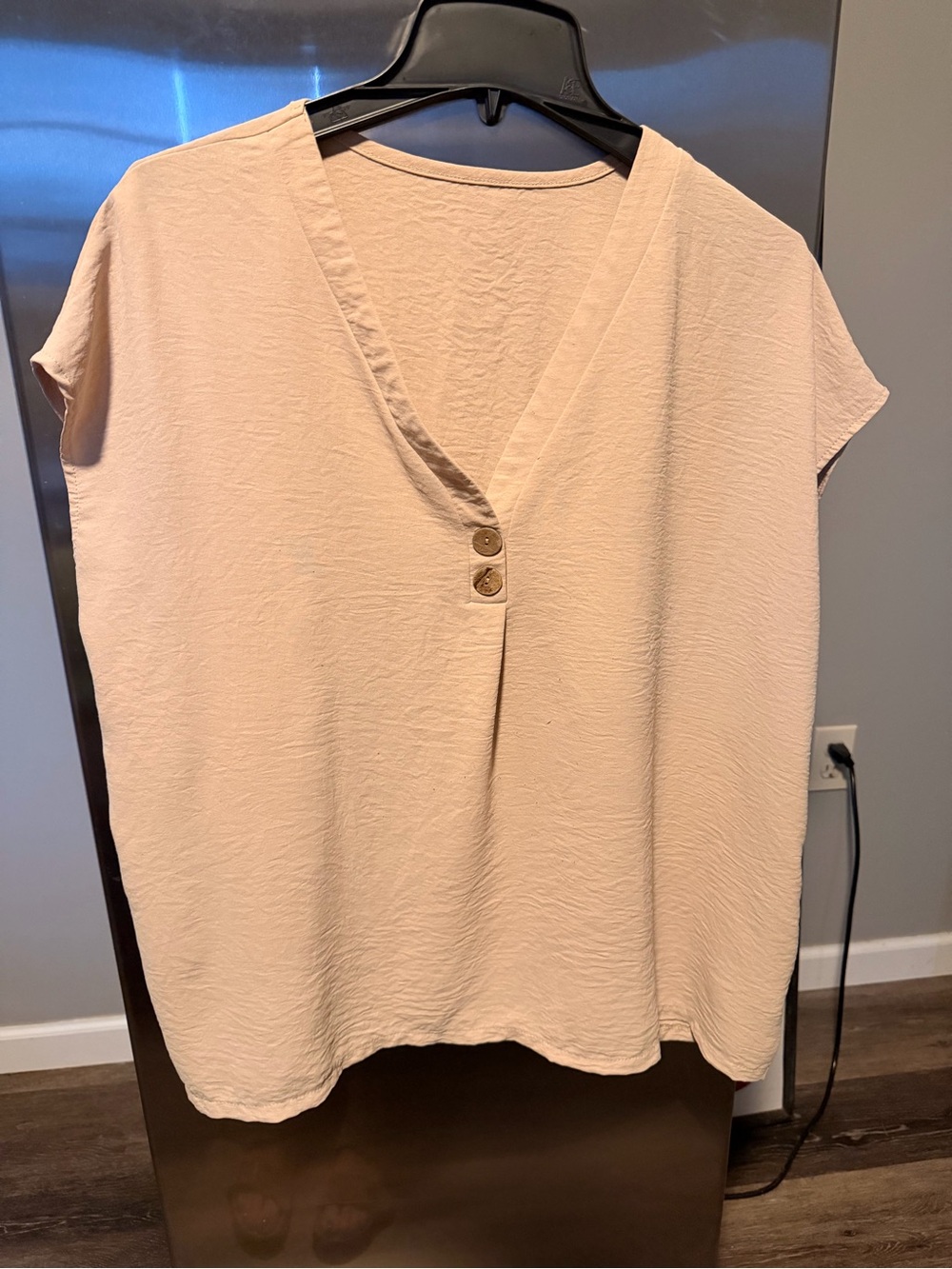 V-Neck Short Sleeve Blouse in Light Blush with Button Detail